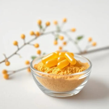 Berberine supplement and branch with berries.