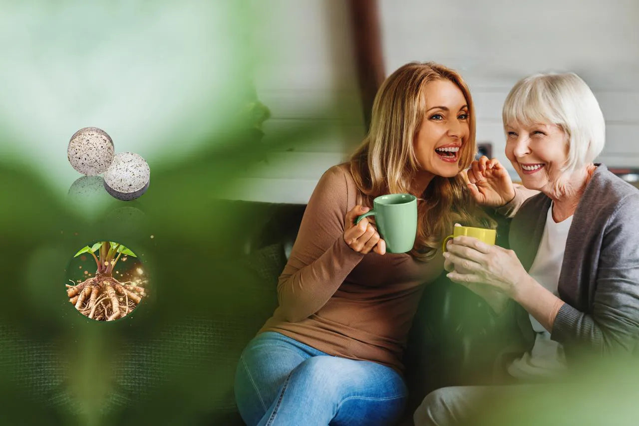 Too happy women sitting dringking tea chatting. Black cohosh tablets and plant layed into image.
