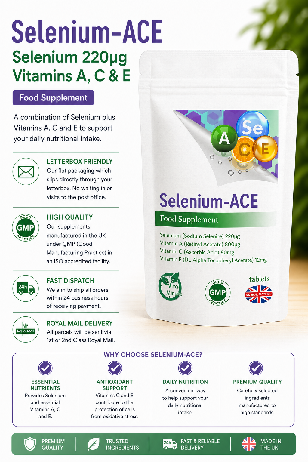Selenium 220mcg and Vitamins A, C & E Tablets product information