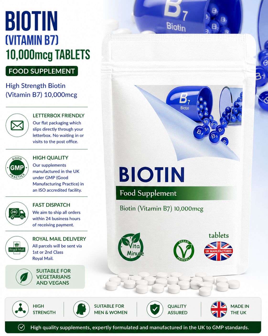 Vitamin B7 (Biotin) 10000mcg Tablets product information