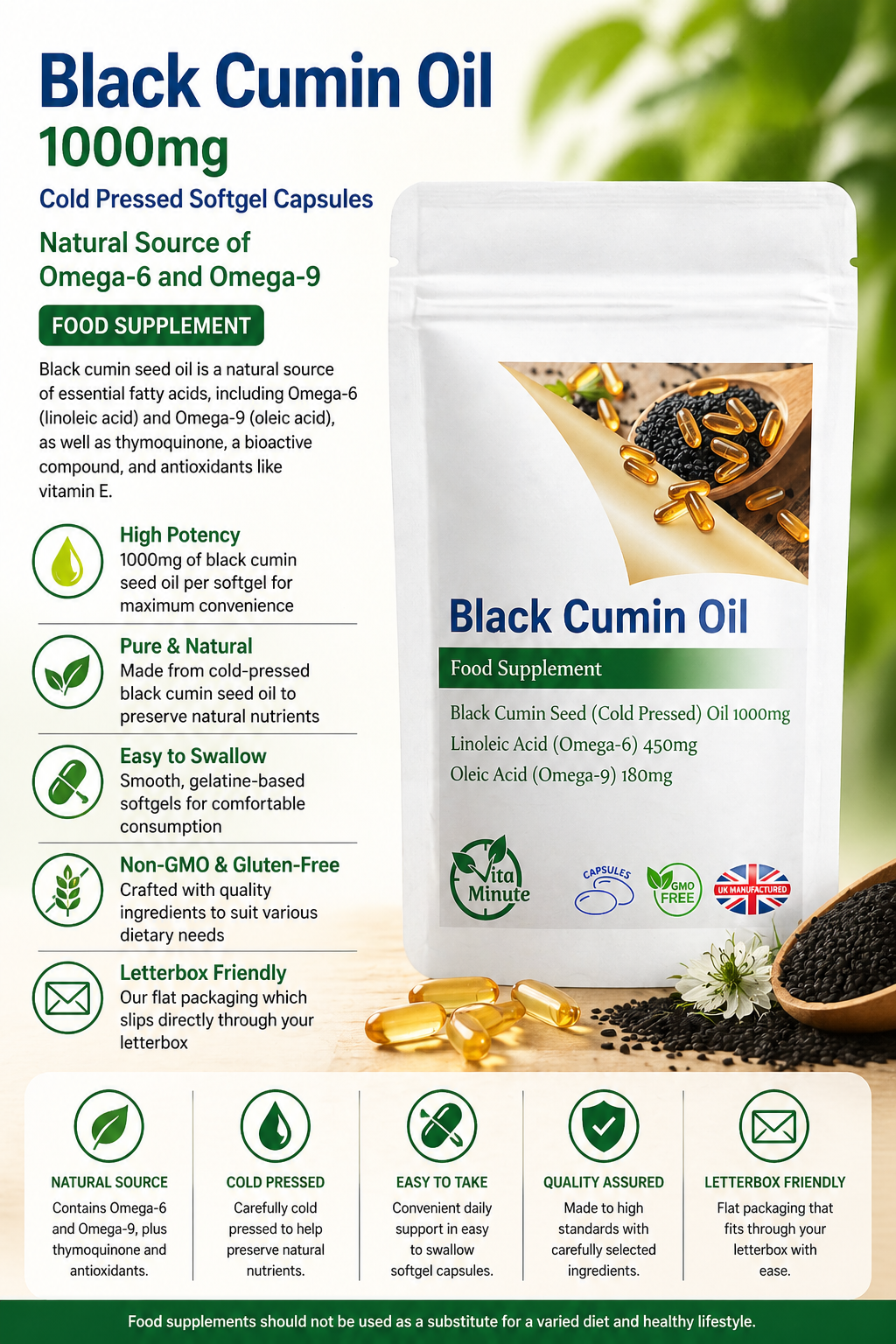 Black Cumin Seed Oil 1000mg Softgel Cold Pressed Capsules product information