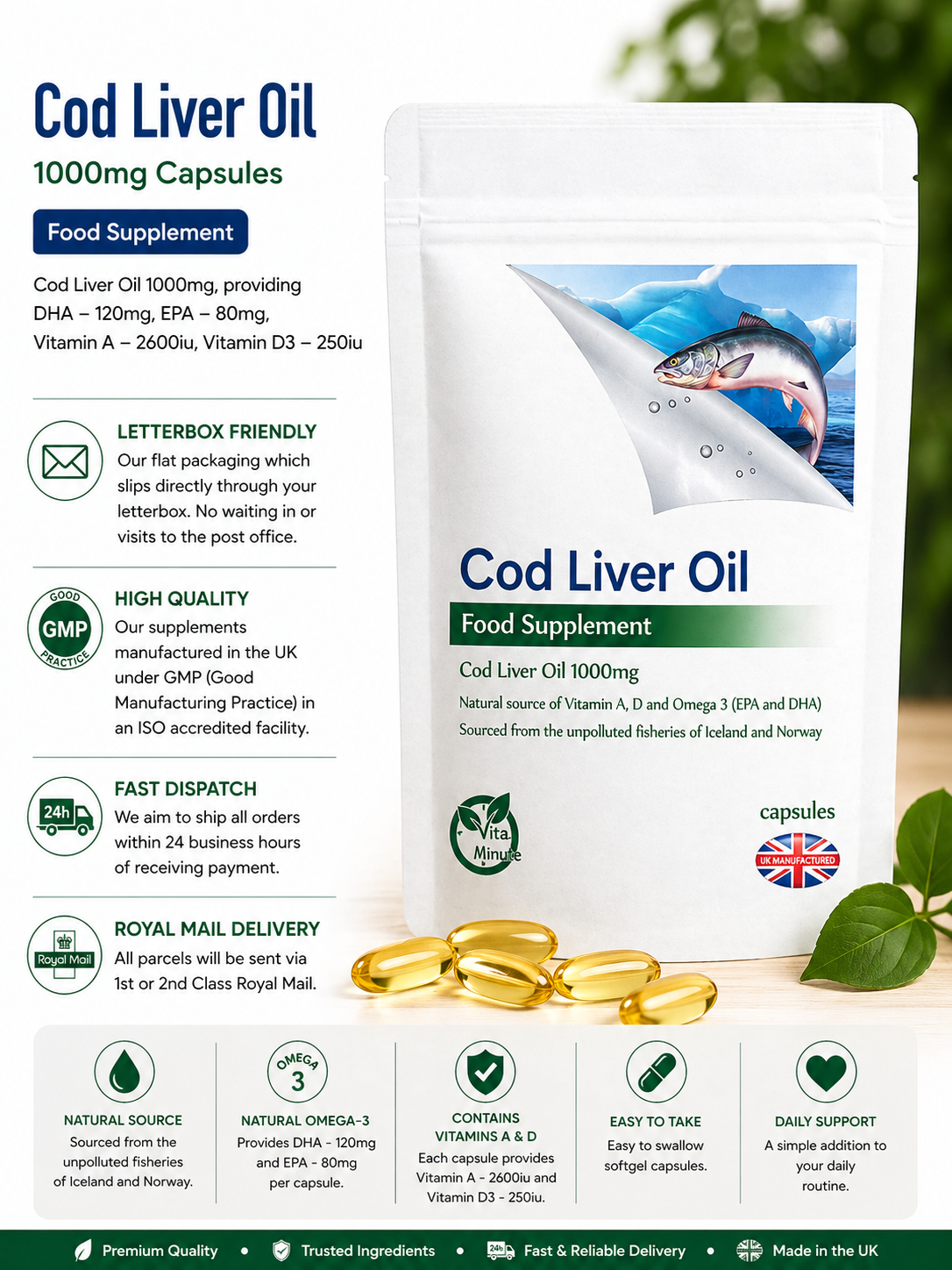 Cod Liver Oil Capsules 1000mg Omega-3 Rich product information