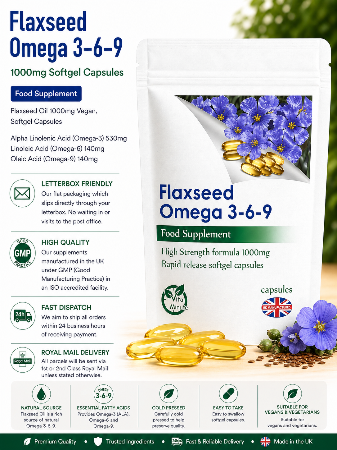 Flaxseed Oil 1000mg Capsules (Organic, Vegan) product information