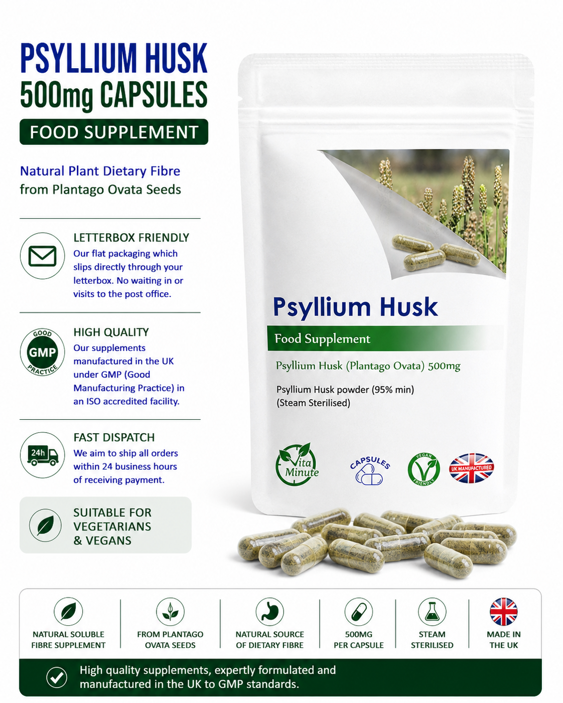 Psyllium Husk 500mg Capsules product information
