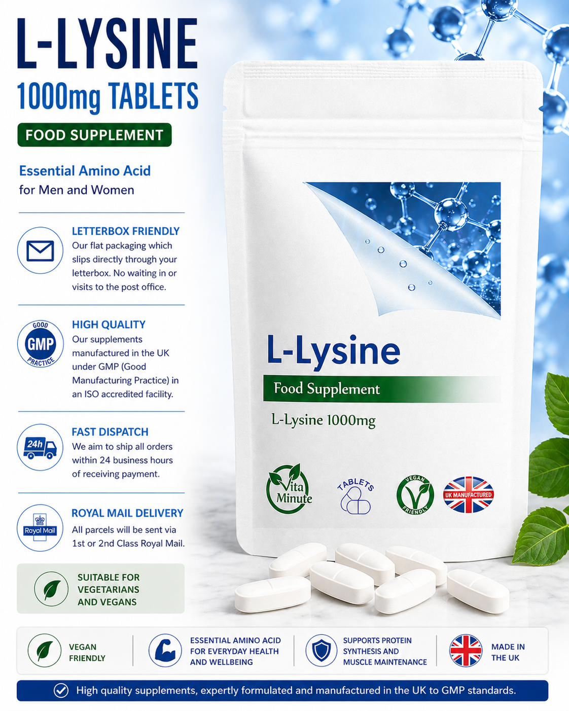 Lysine 1000mg (L-Lysine Amino Acid) Tablets product information