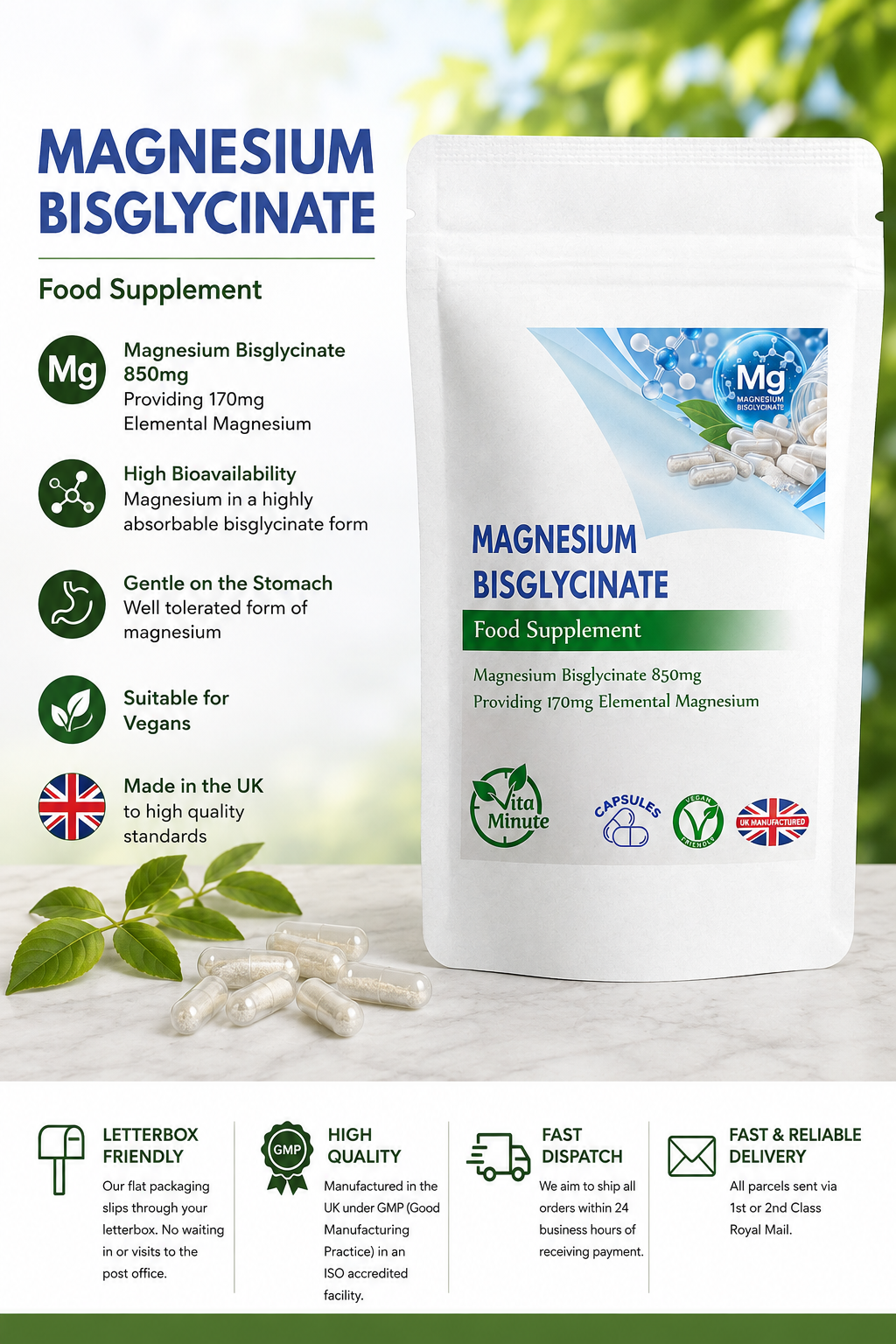 Magnesium Bisglycinate (Glycinate) Capsules 850mg UK (Vegan)