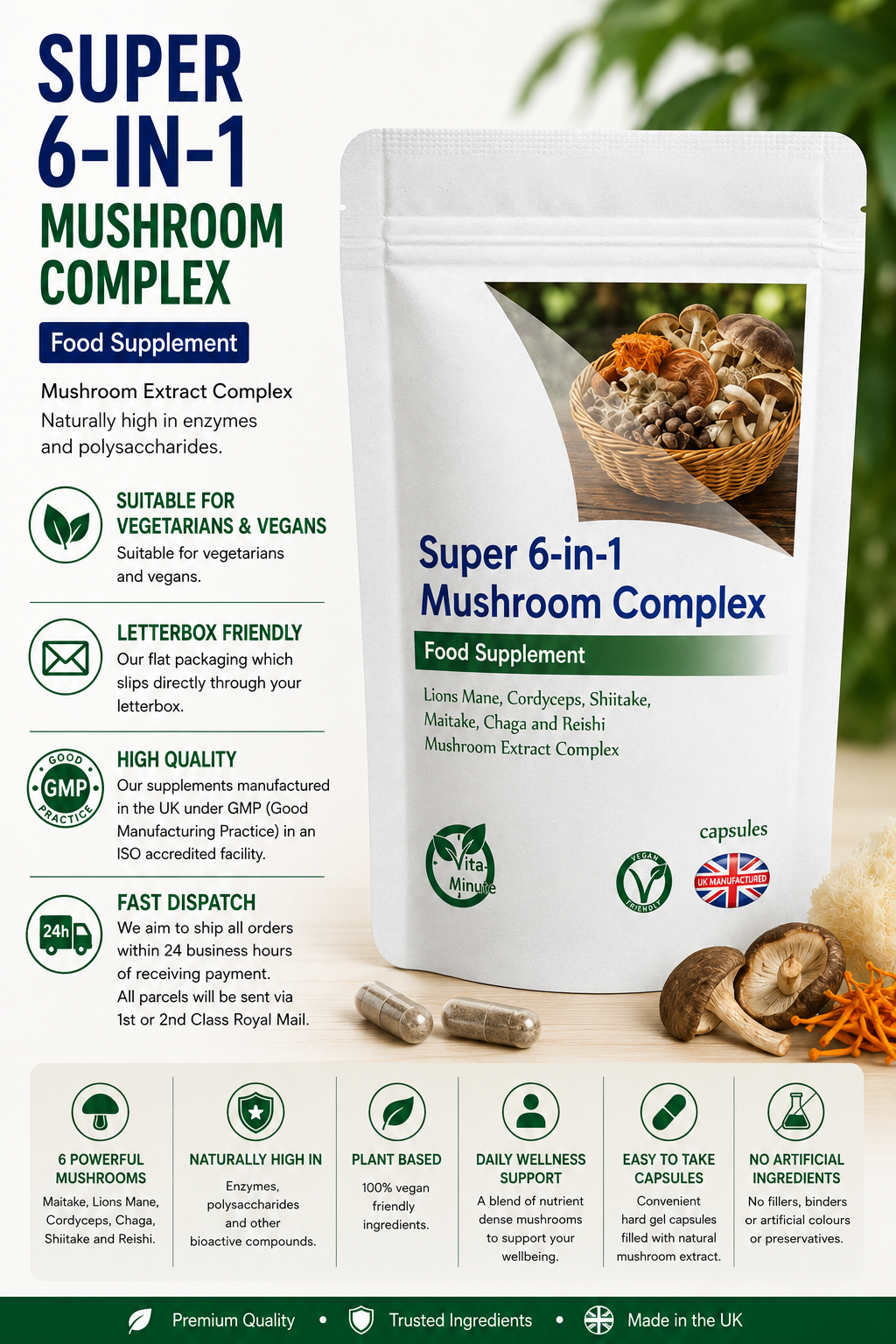 Mushroom 6-in-1 Complex Maitake, Lions Mane, Cordyceps, Chaga, Shiitake Capsules product information