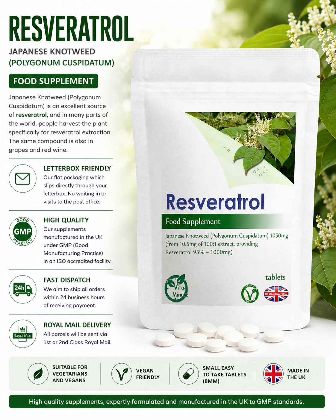 Resveratrol (Japanese Knotweed Extract) 1000mg Tablets product information