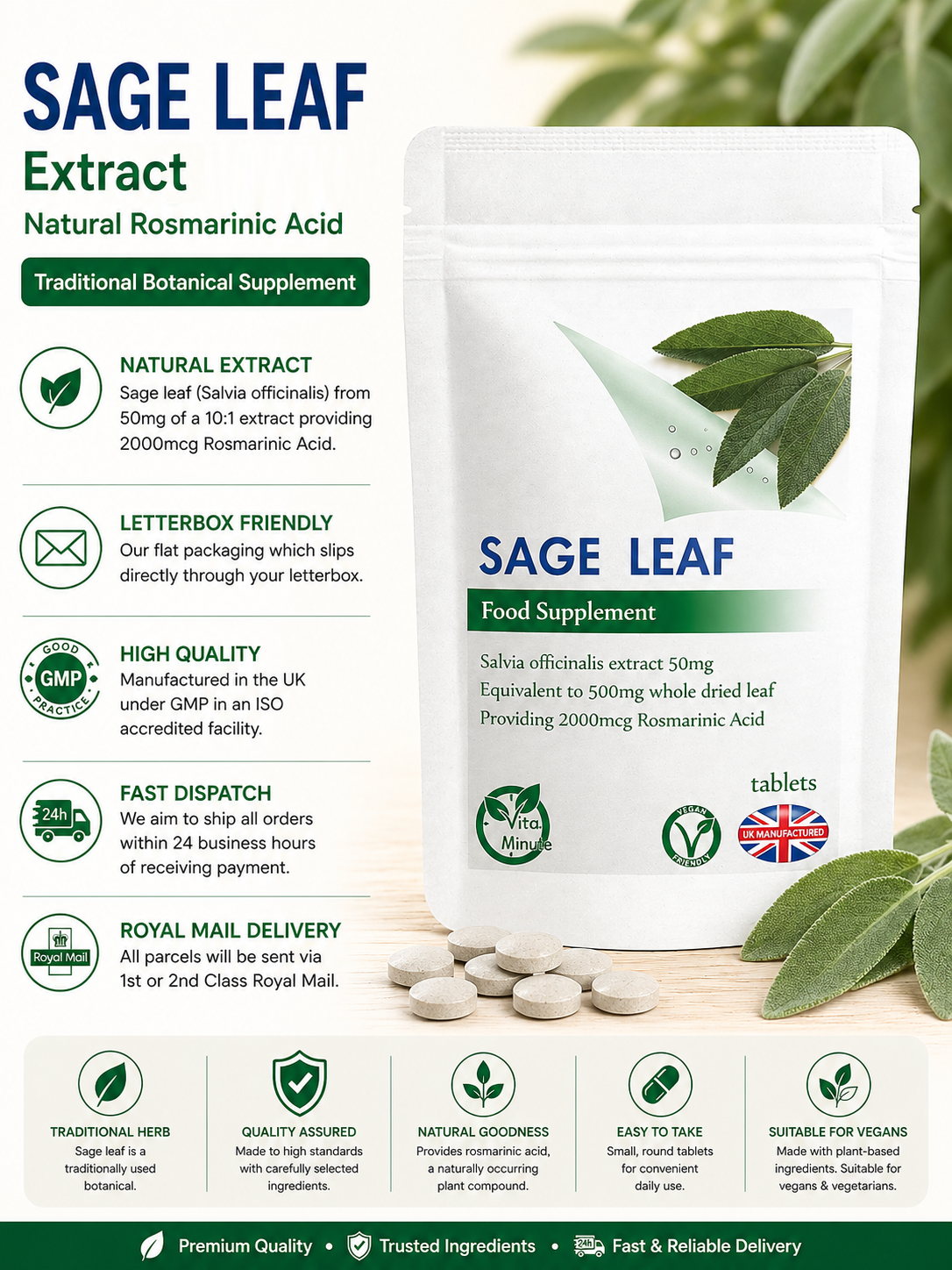 Sage Leaf 500mg (2000mcg Rosmarinic Acid) Tablets product information