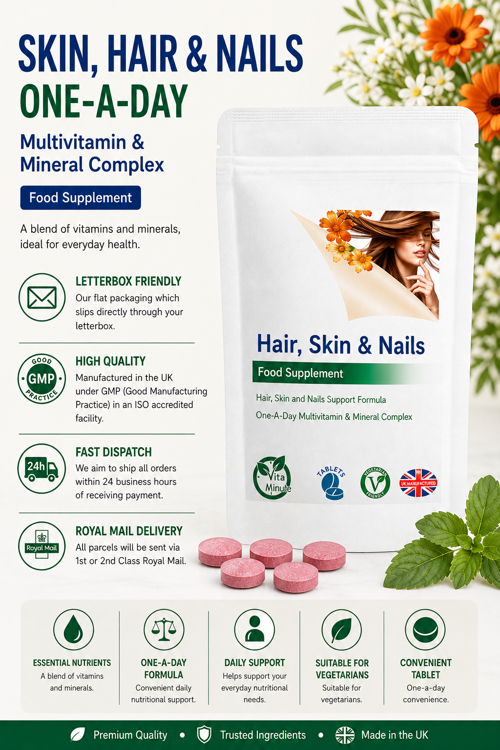 One-A-Day Skin Nails and Hair Formula Tablets product information
