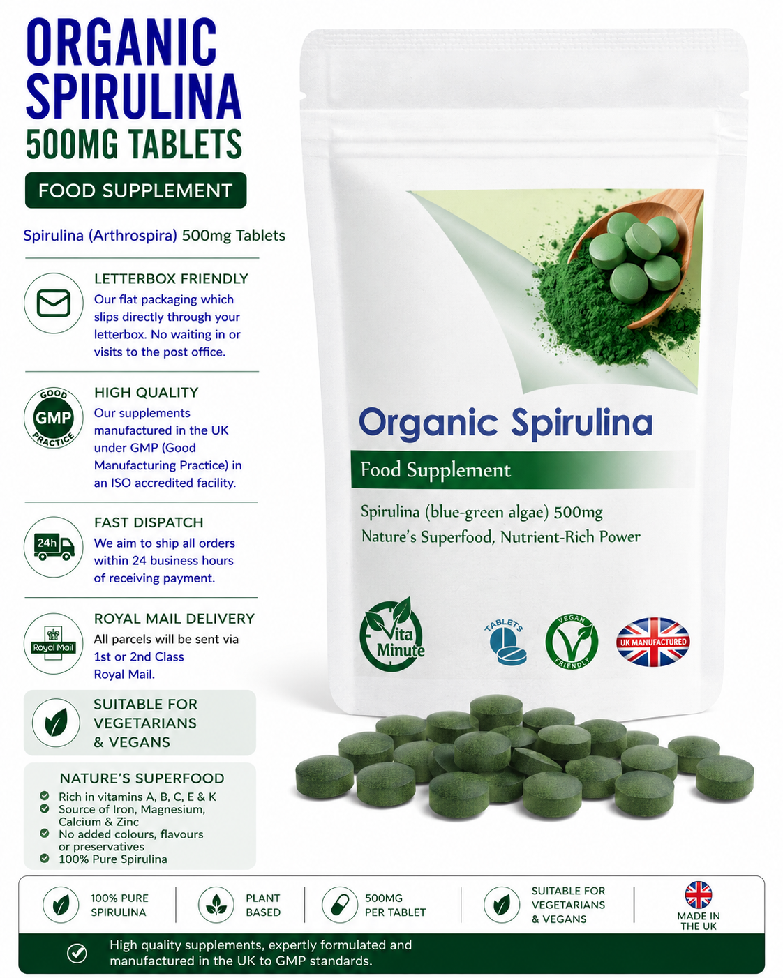 Organic Spirulina 500mg Tablets product information