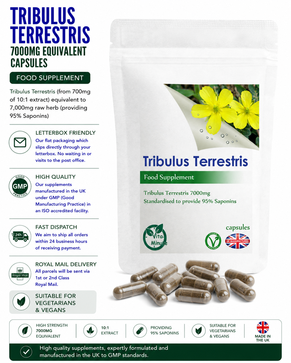 Tribulus Terrestris 7000mg Capsules (95% Saponins) product information
