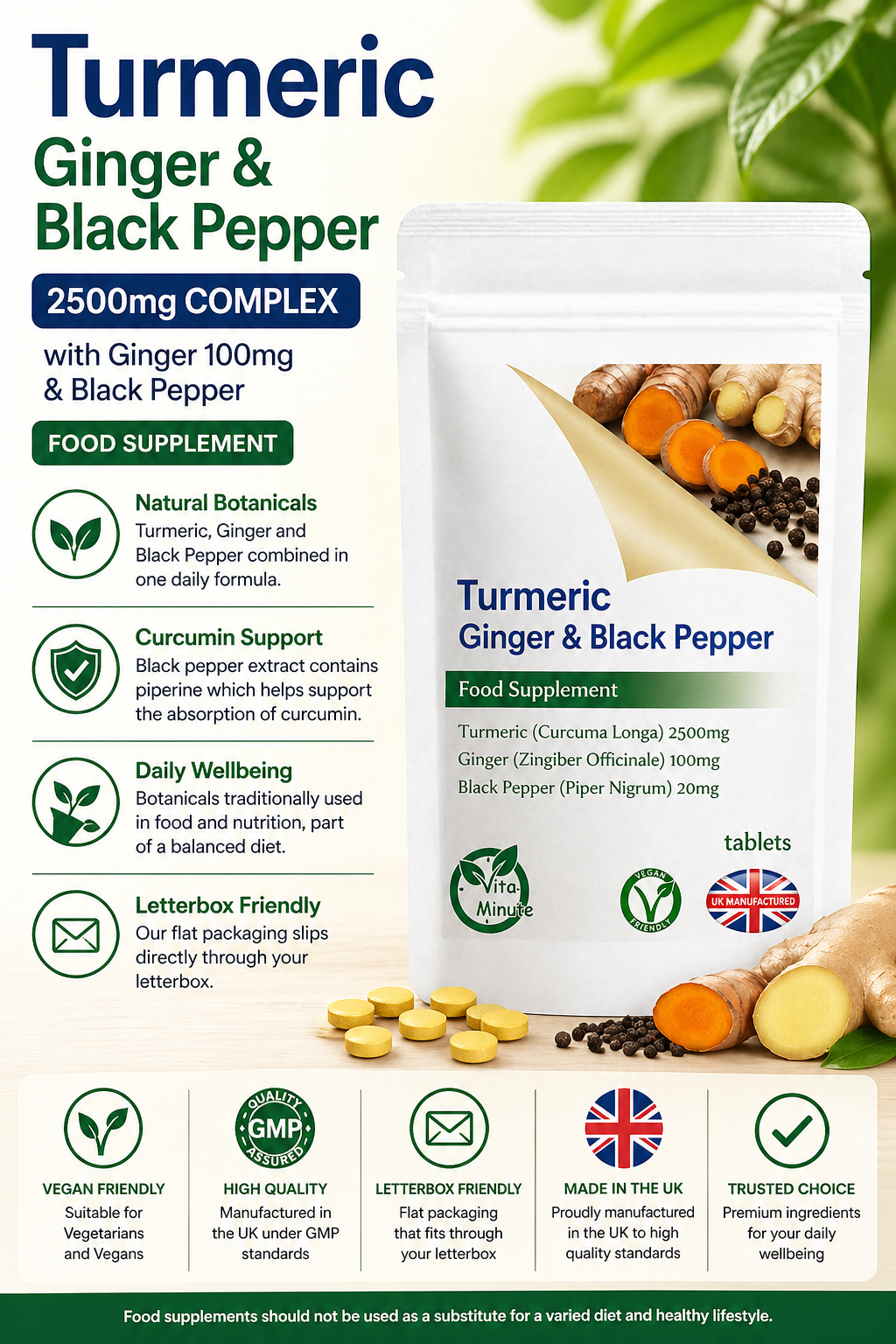 Turmeric 2500mg, Ginger & Black Pepper Tablets product information