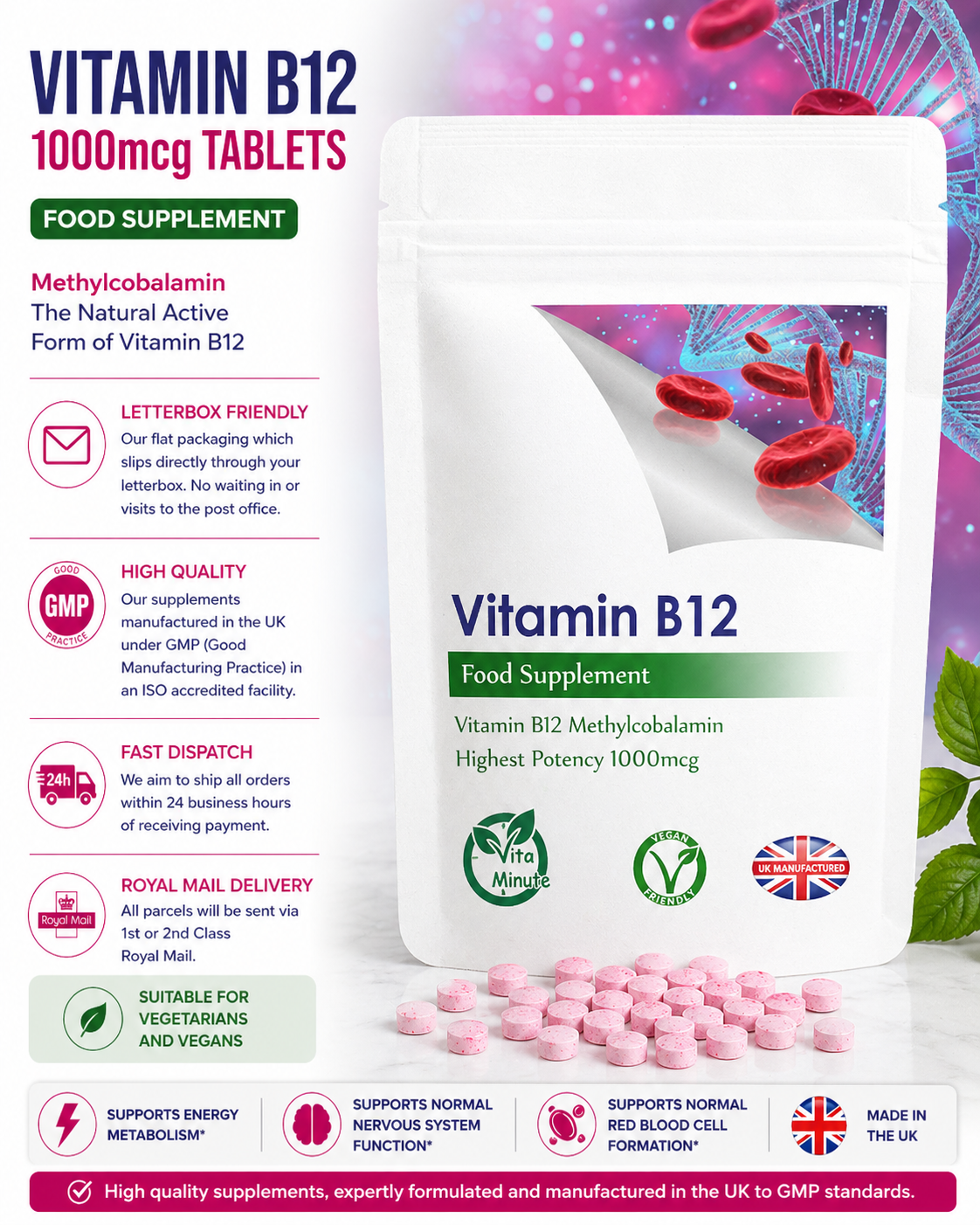 Vitamin B12 (Methylcobalamin 1000mcg) Tablets, Skin Nails Hair product information