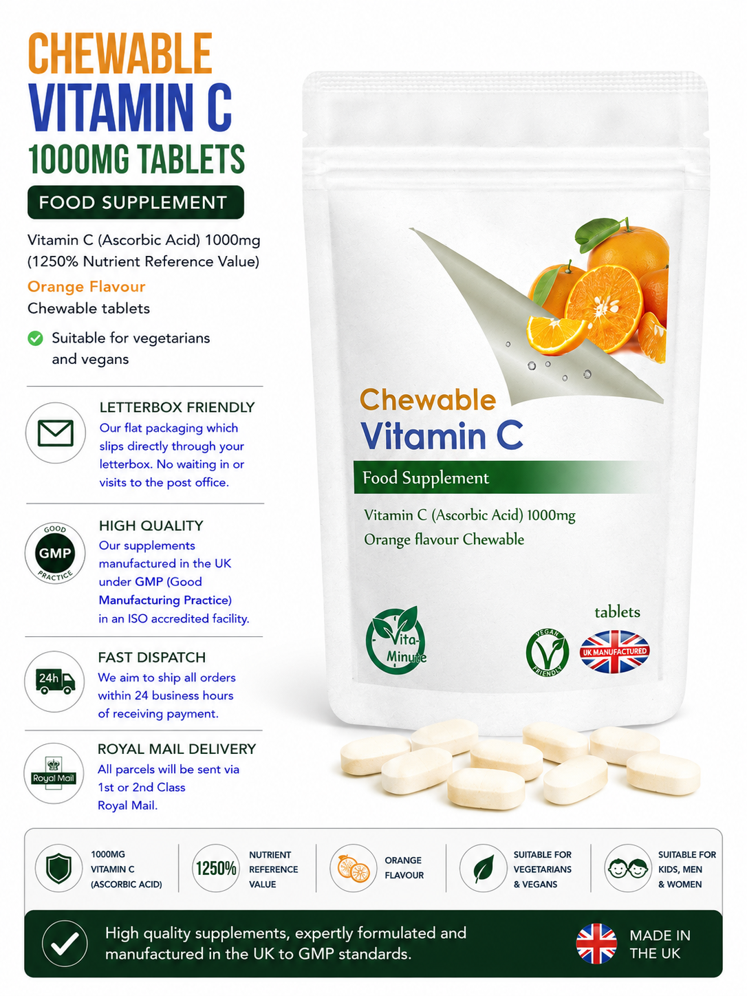 Vitamin C 1000mg Chewable Tablets, Orange Flavour product information