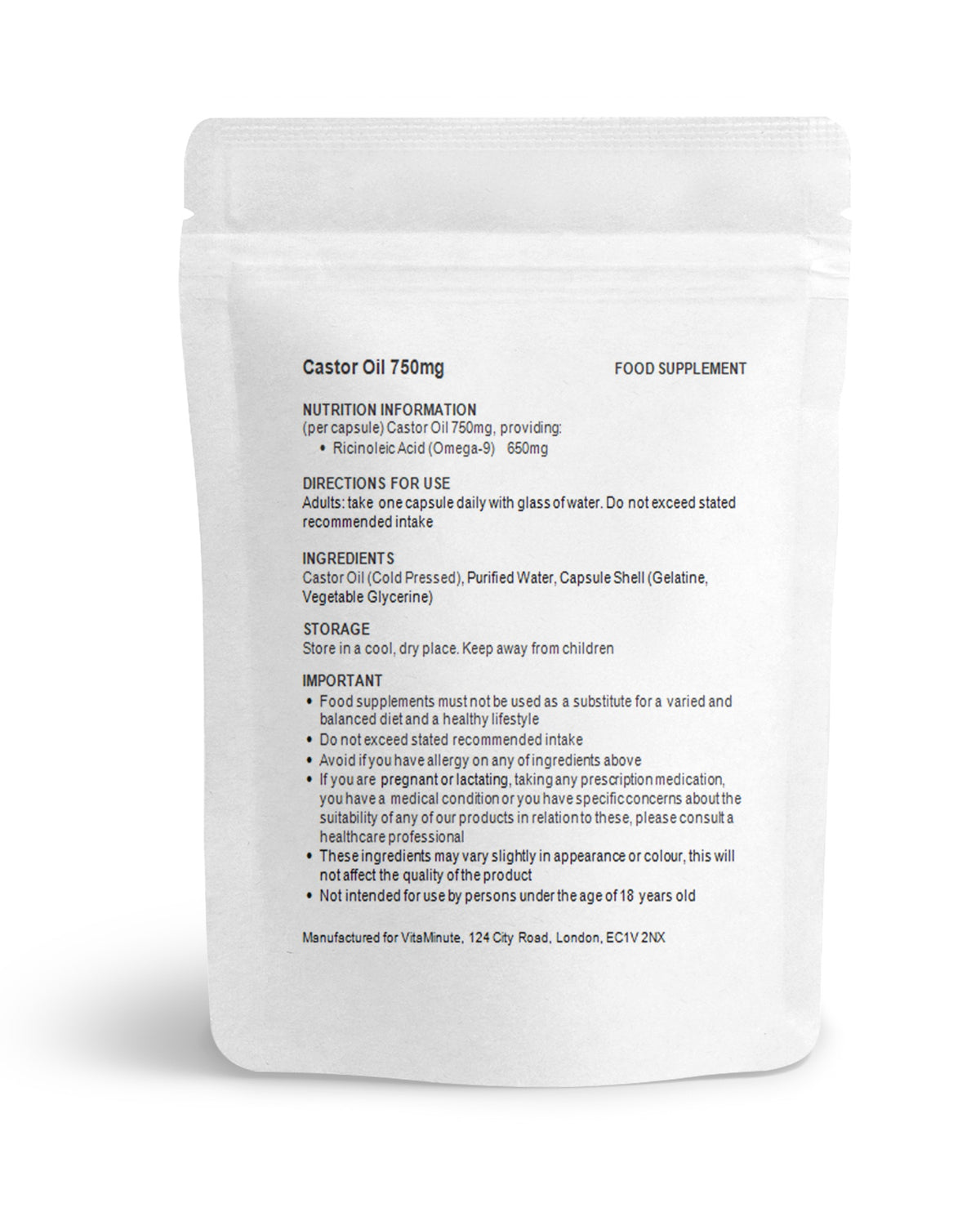 Castor Oil 750mg capsules - nutrition, ingredients and directions