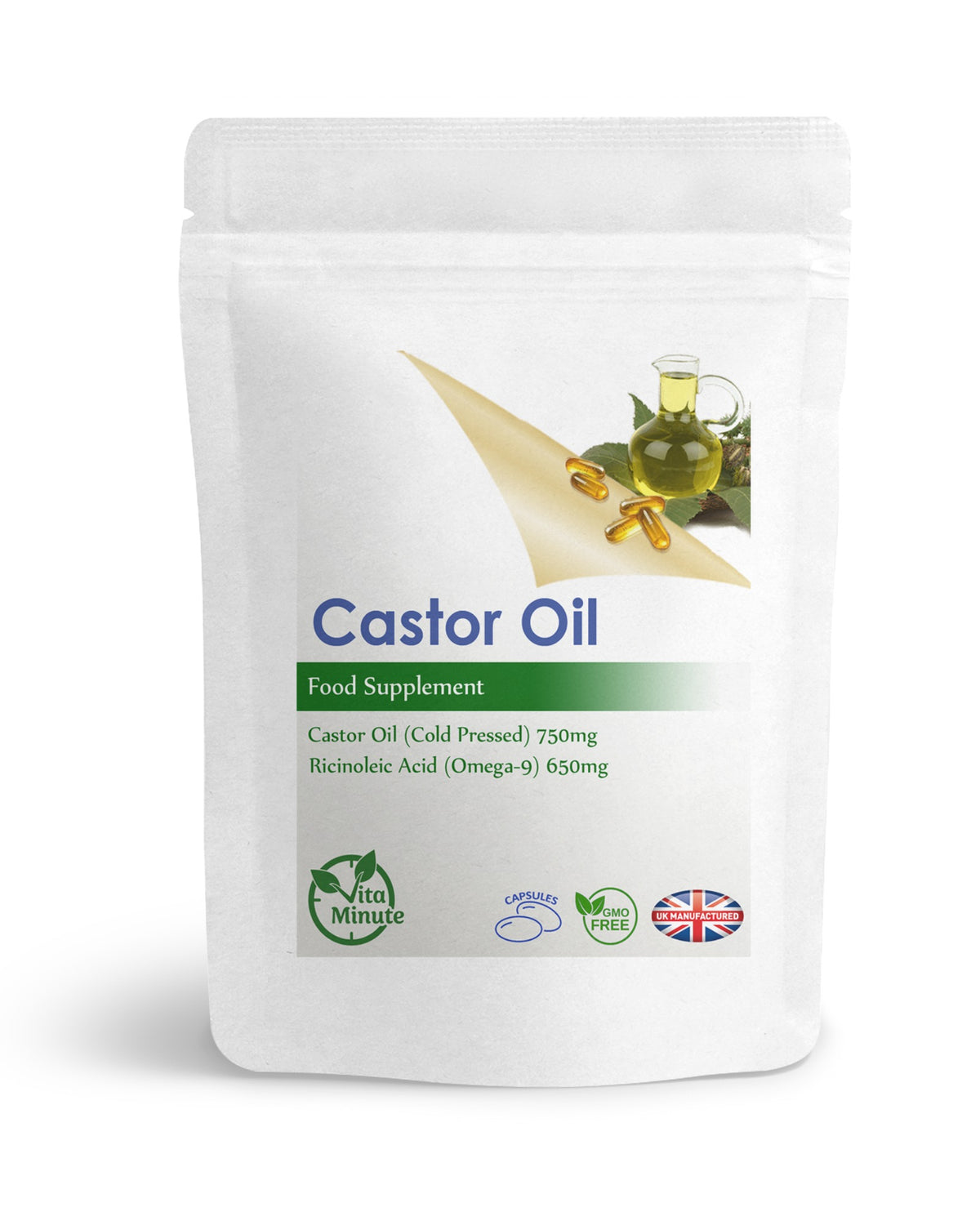 VitaMinute Castor Oil 750mg capsules - front packaging