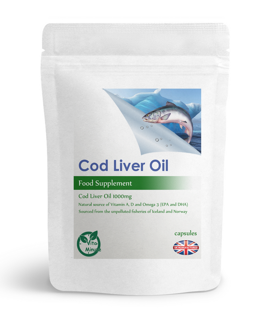 Cod Liver Oil Capsules 1000mg Omega-3 Rich by VitaMinute – front packaging