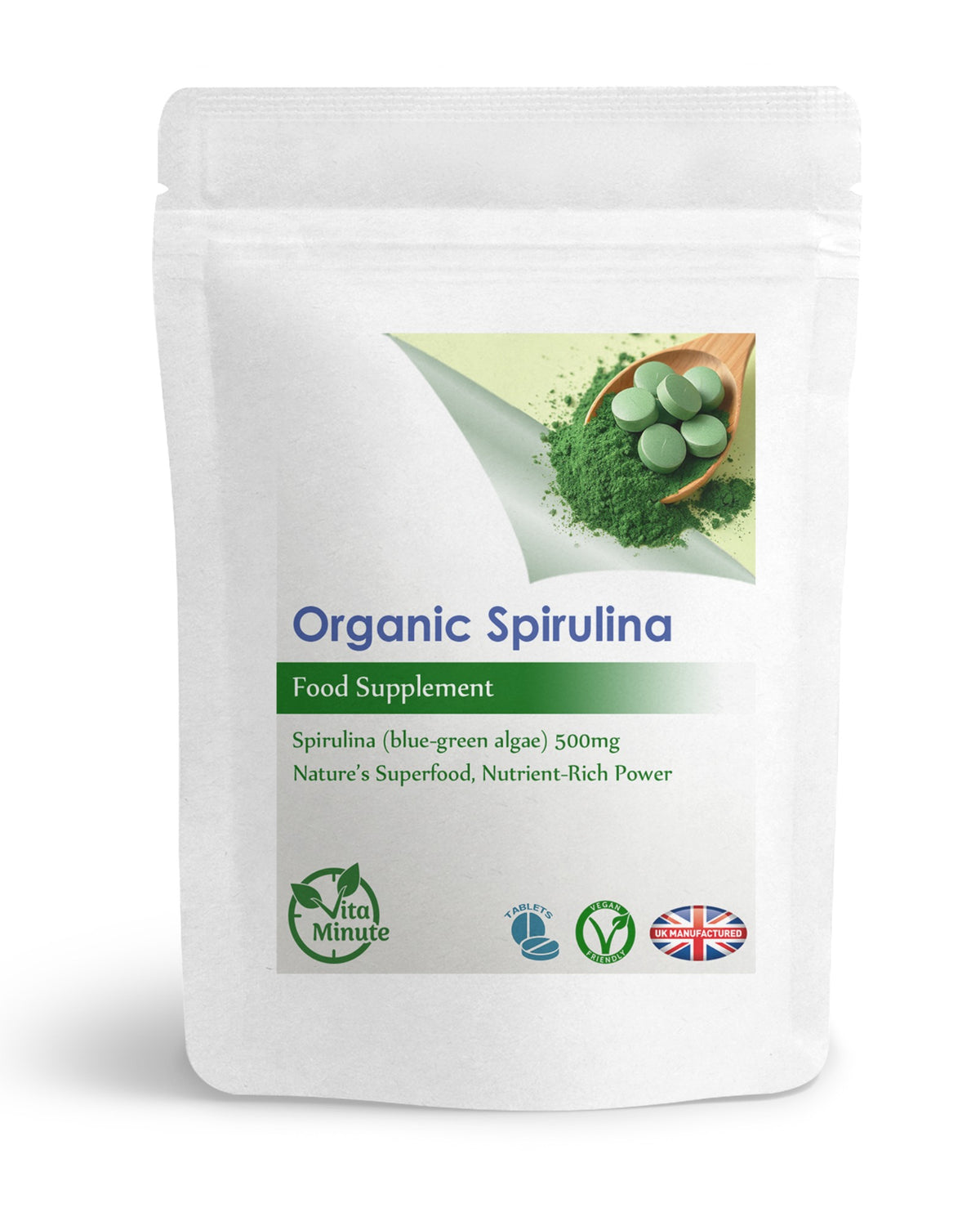 Organic Spirulina 500mg Tablets by VitaMinute – front packaging