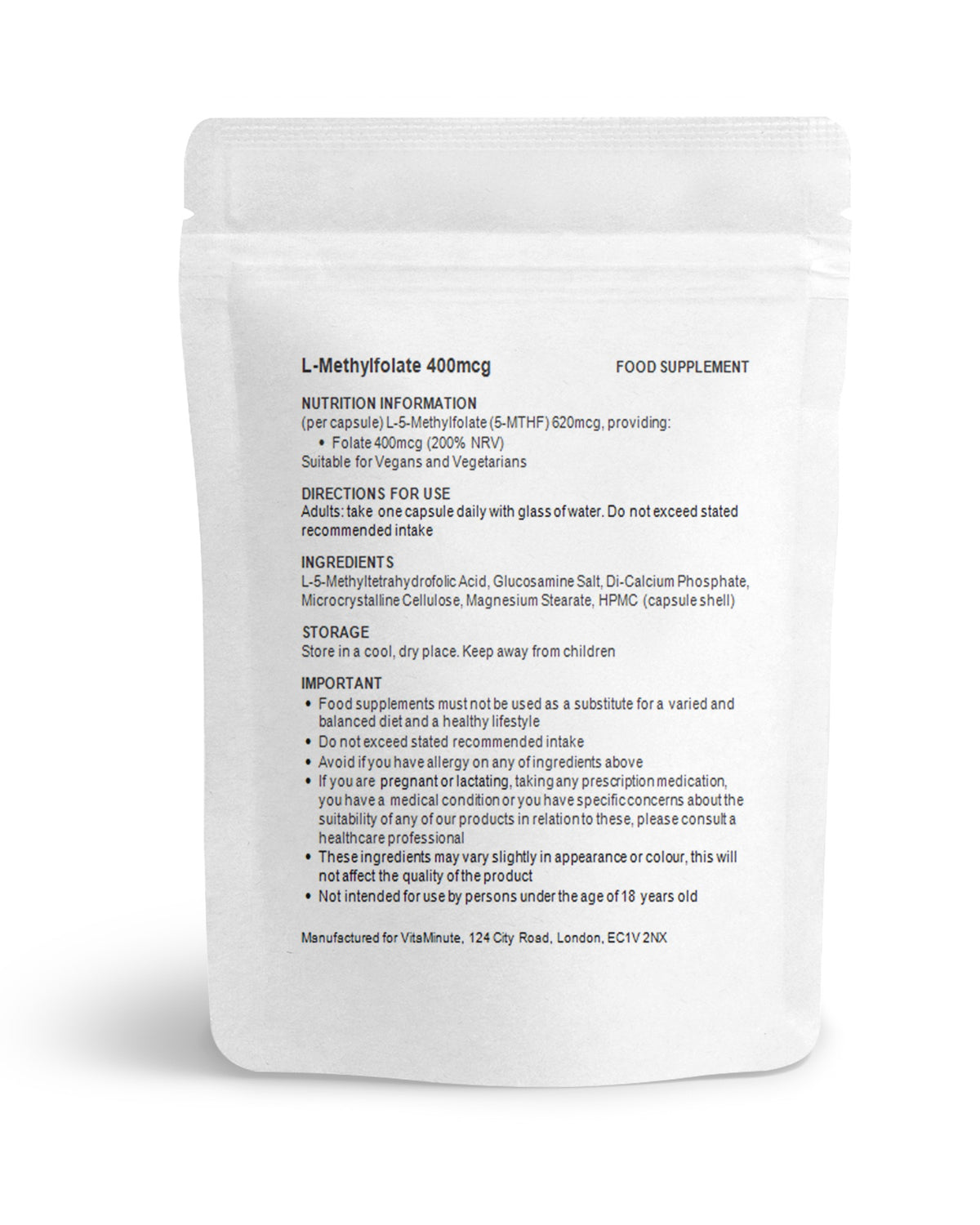 L-Methylfolate 400mcg capsules - nutrition, ingredients and directions