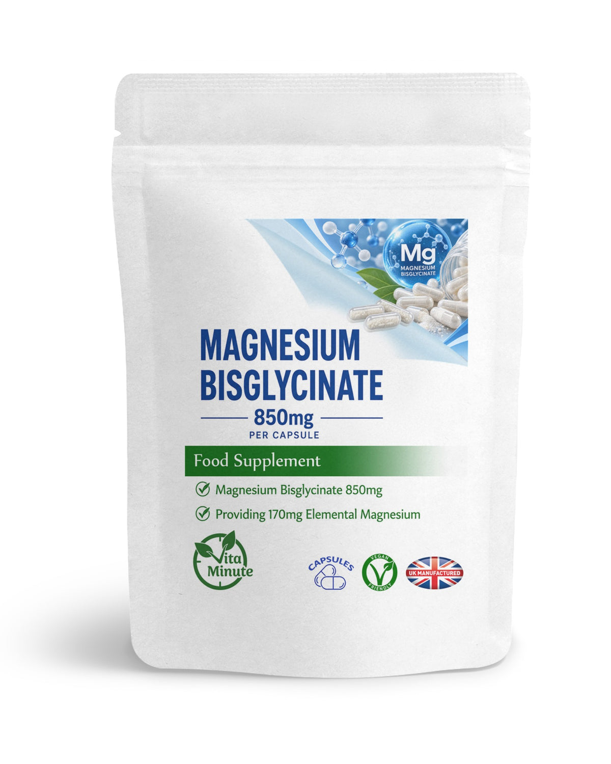 Magnesium Bisglycinate (Glycinate) Capsules 850mg UK (Vegan)
