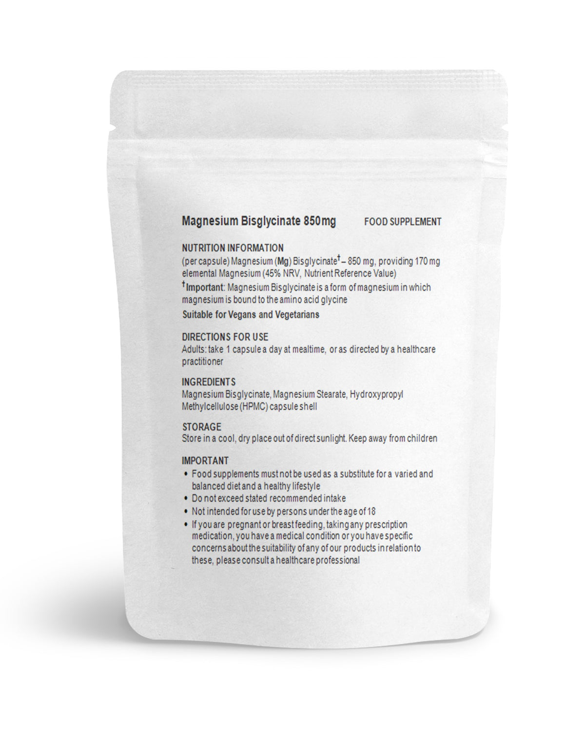 Magnesium Bisglycinate (Glycinate) Capsules 850mg UK (Vegan)
