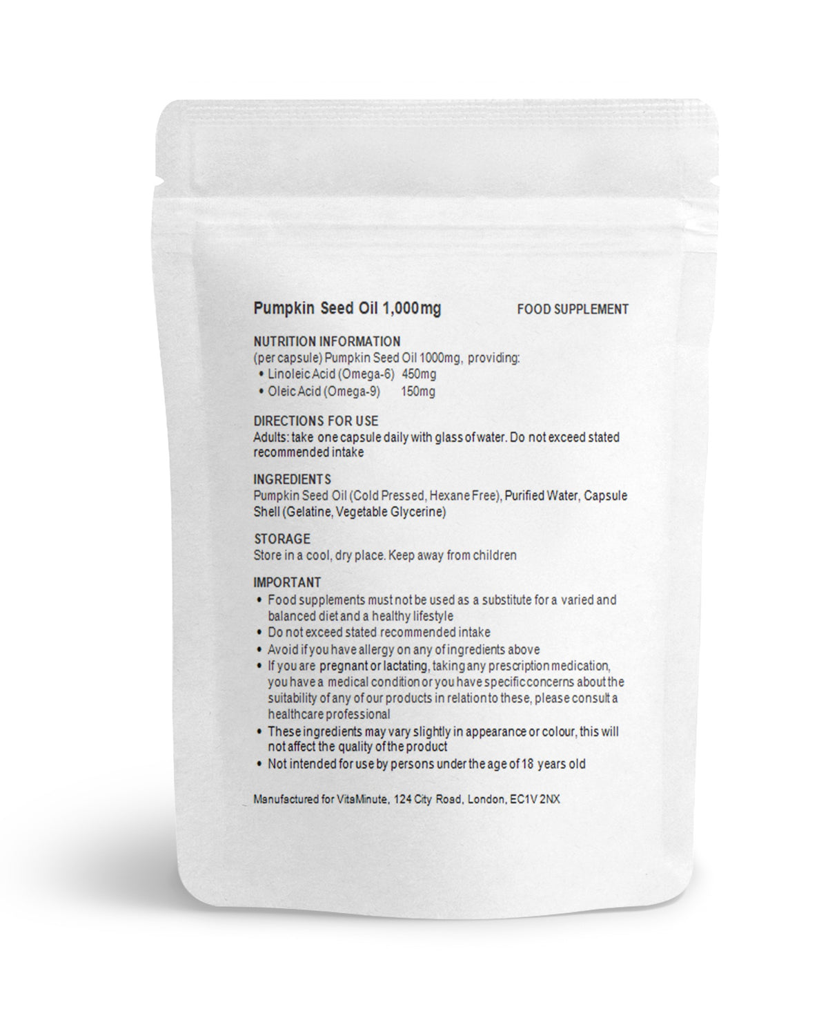 Pumpkin Seed Oil 1000mg capsules - nutrition, ingredients and directions