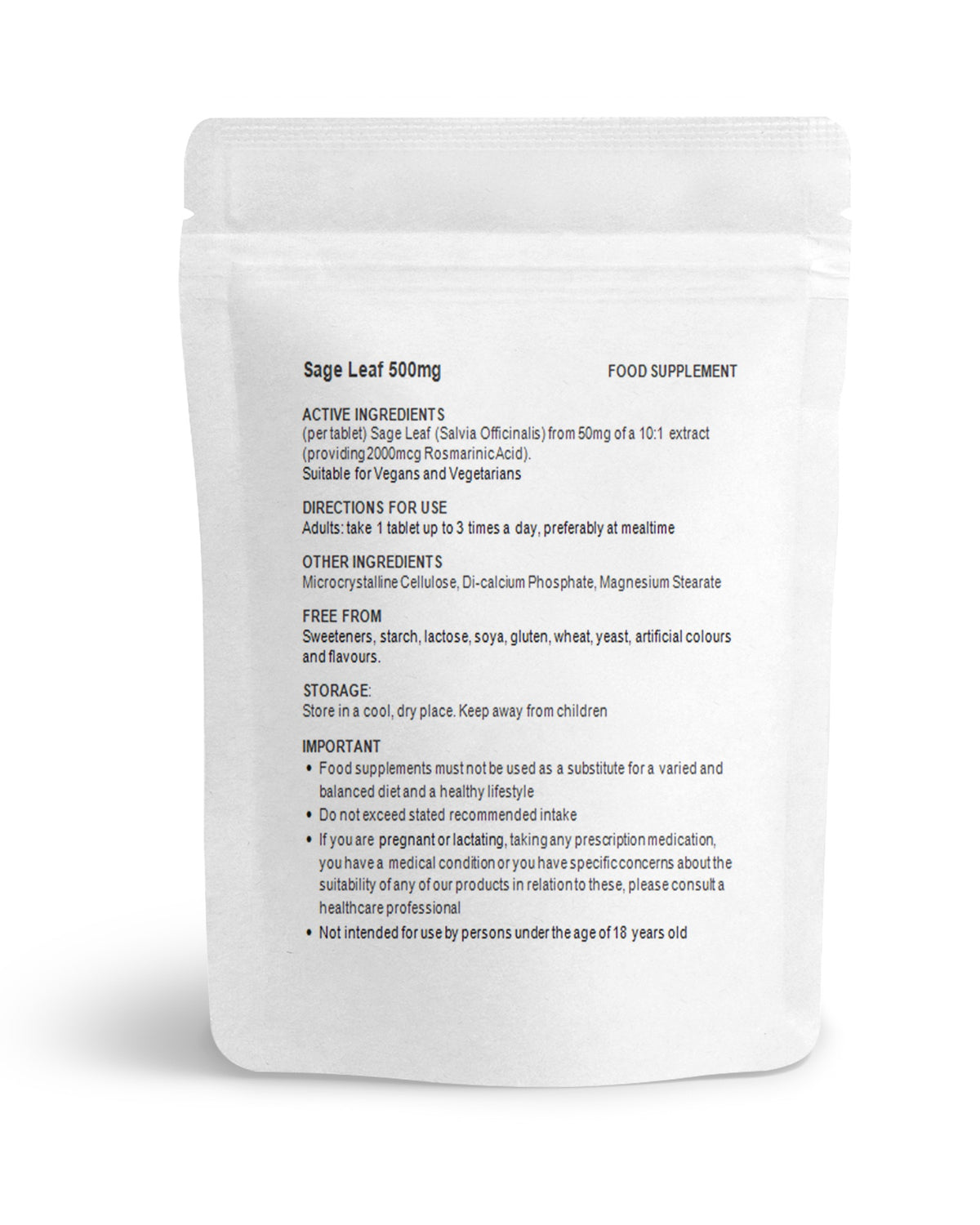 Sage Leaf 500mg (2000mcg Rosmarinic Acid) Tablets – ingredients and directions label